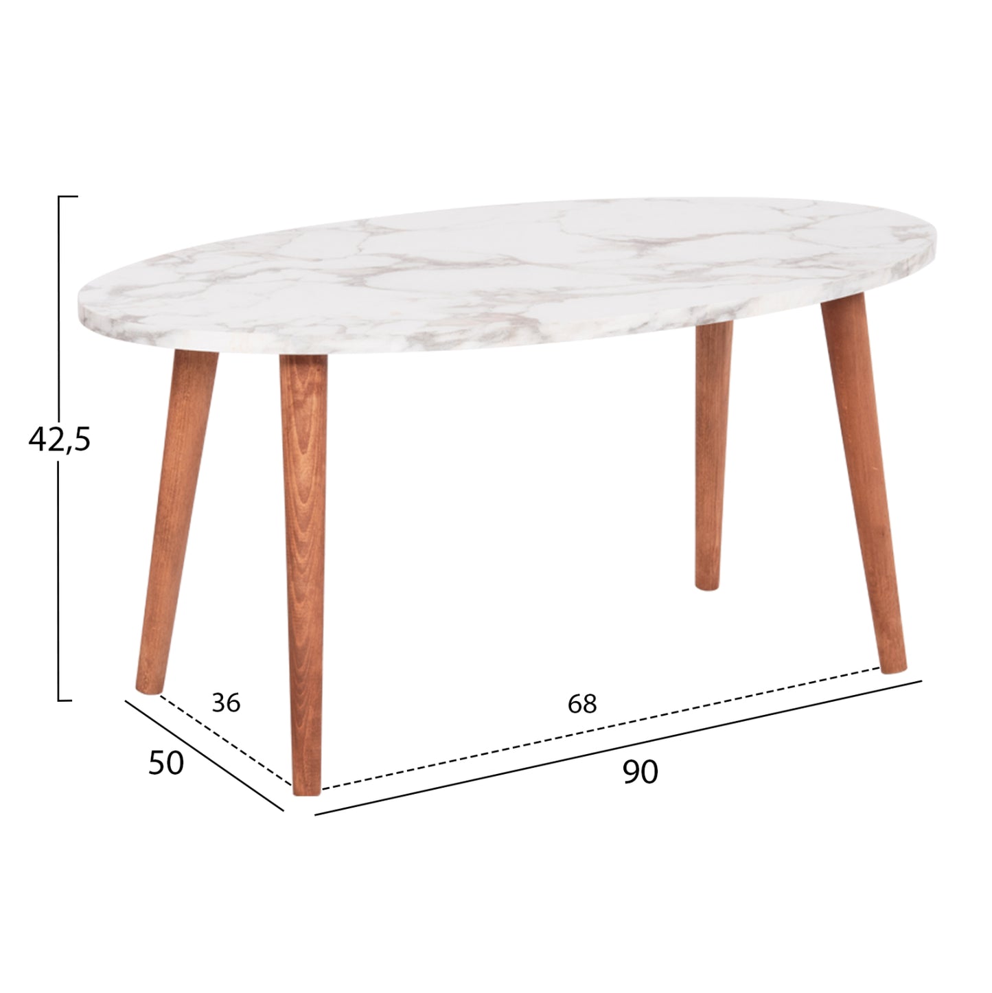Set Of Coffee Table & 3 Side Tables Vital Hm18180.03 Melamine In White Marble-wooden Legs In Walnut