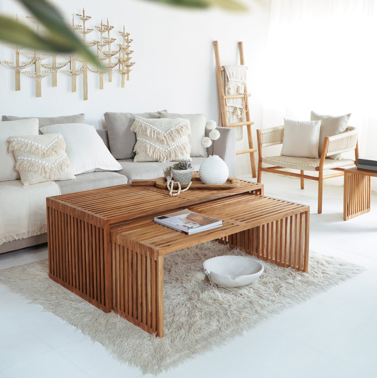Coffee Table Set Of 2 Nya Hm9548 Teak Wood In Natural Color 116x60x46,5hcm.
