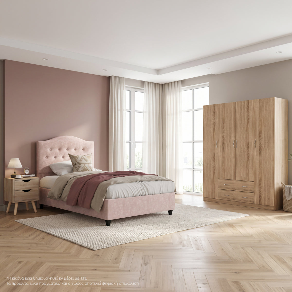 Bedroom Set 3pcs Hm11215 Velvet In Beige--melamine In Sonama