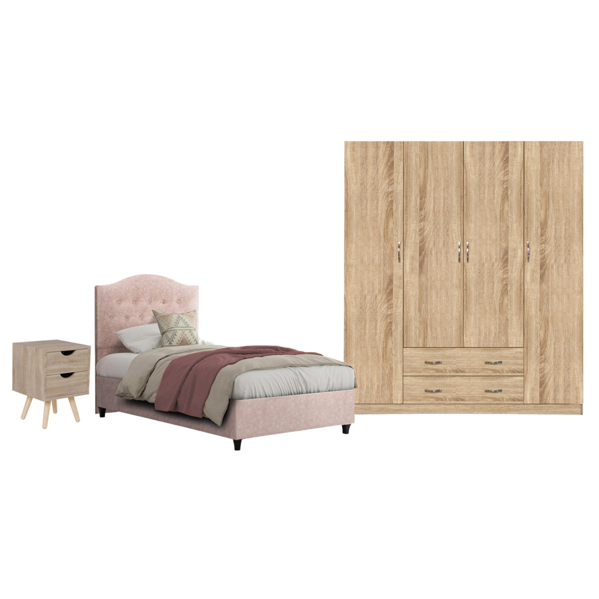 Bedroom Set 3pcs Hm11215 Velvet In Beige--melamine In Sonama