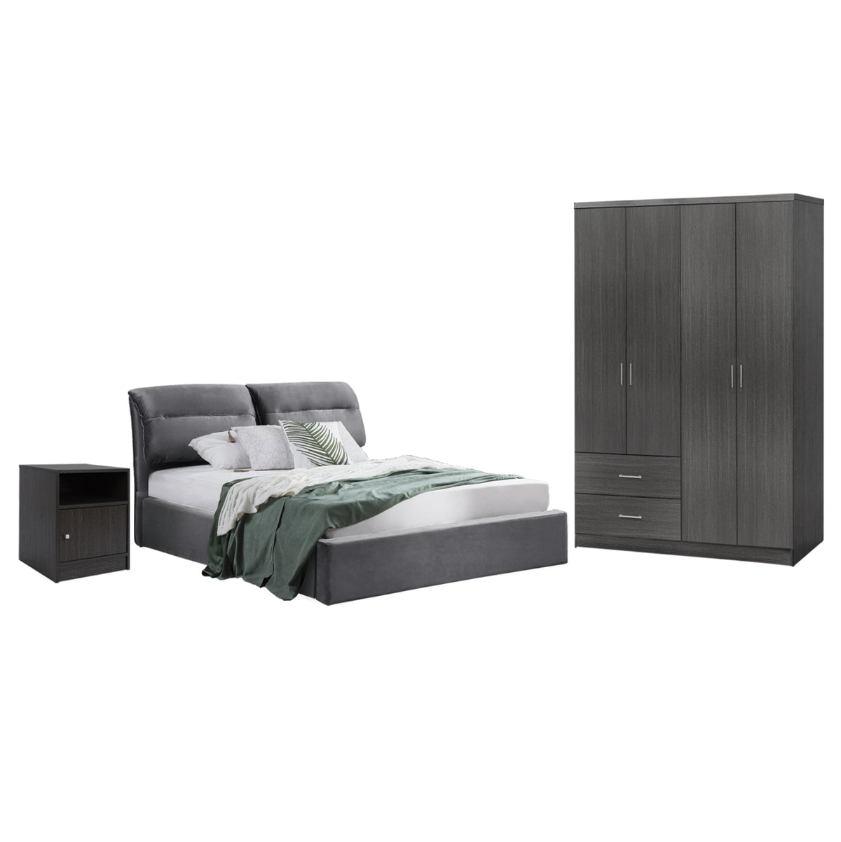 Bedroom Set 3pcs Hm11216 Velvet In Grey--melamine In Zebrano