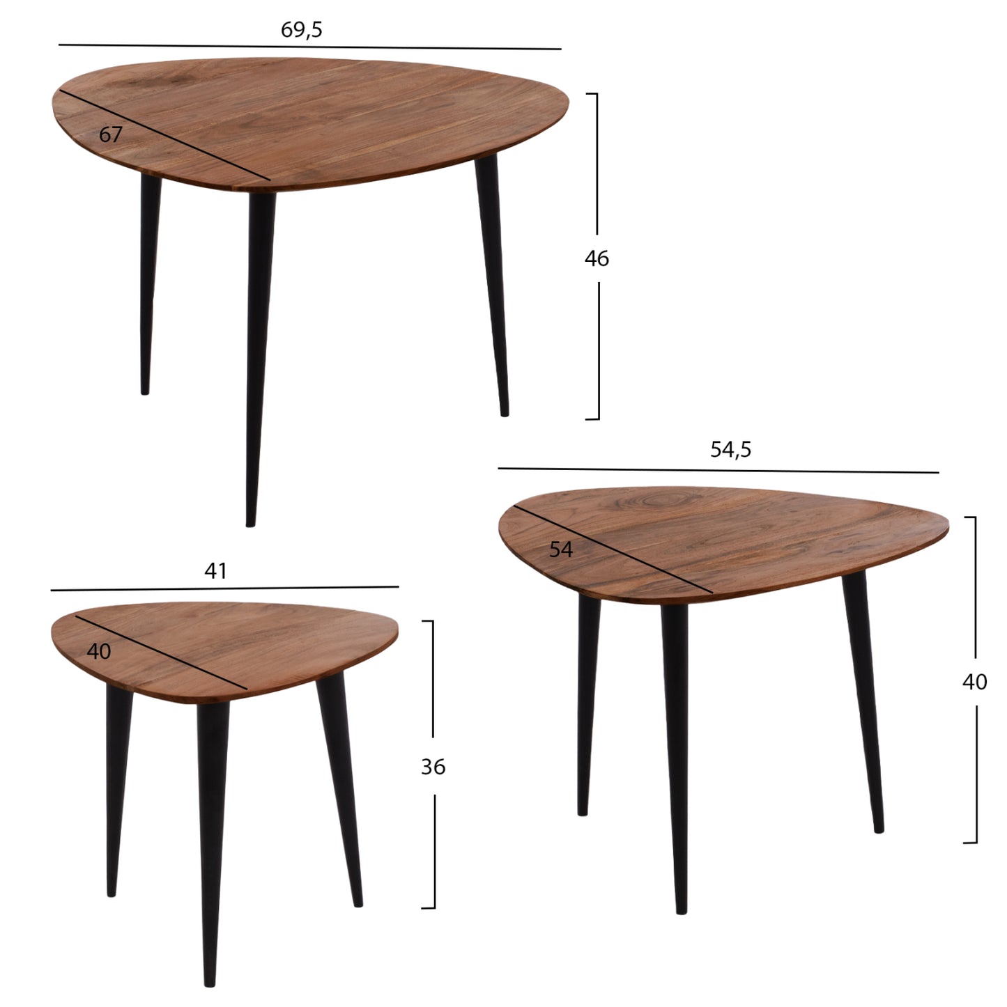 3 Nesting Tables Emiliano Hm9256 Acacia Wood With Metal Black Legs 69,5x67x46h Cm.
