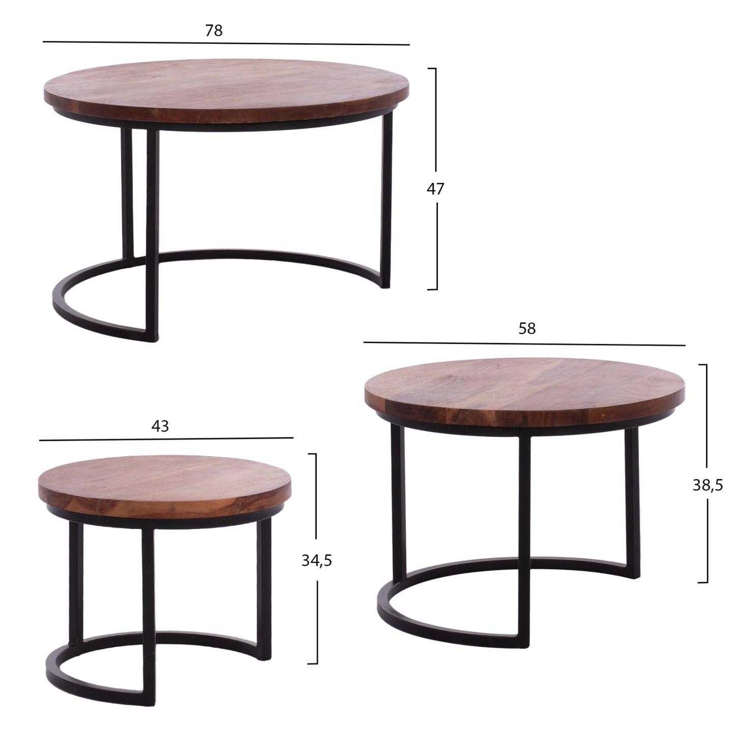 3 Nesting Tables Obi Hm9255 Acacia Wood With Metal Black Legs 78x78x47h Cm.