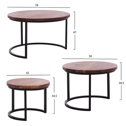 3 Nesting Tables Obi Hm9255 Acacia Wood With Metal Black Legs 78x78x47h Cm.