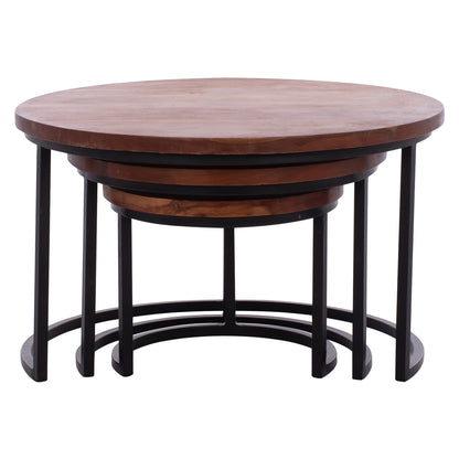 3 Nesting Tables Obi Hm9255 Acacia Wood With Metal Black Legs 78x78x47h Cm.
