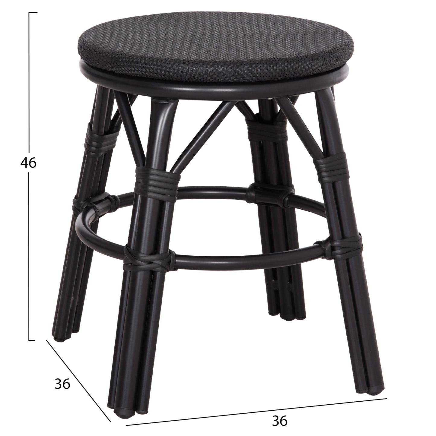 Aluminum Round Stool Chino Hm6285.02 Bamboo Look & Textilene In Black Φ36x46hcm.
