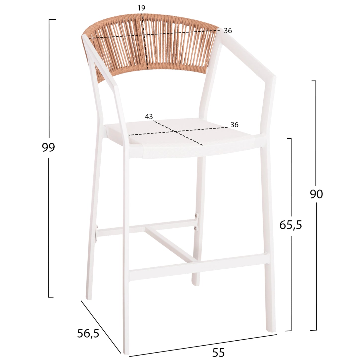 Bar Stool Aluminum White Hm5892.12 Medium Height With Arms-rattan&textline 55x56.5x99h.