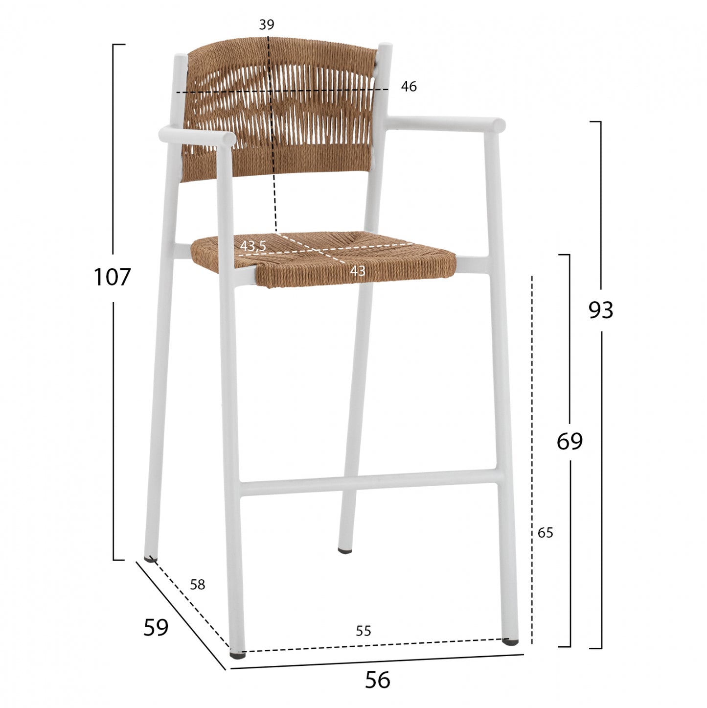 Aluminum Stool White With Rope Beige Hm5785.01 56x59x107 Cm.