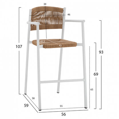Aluminum Stool White With Rope Beige Hm5785.01 56x59x107 Cm.