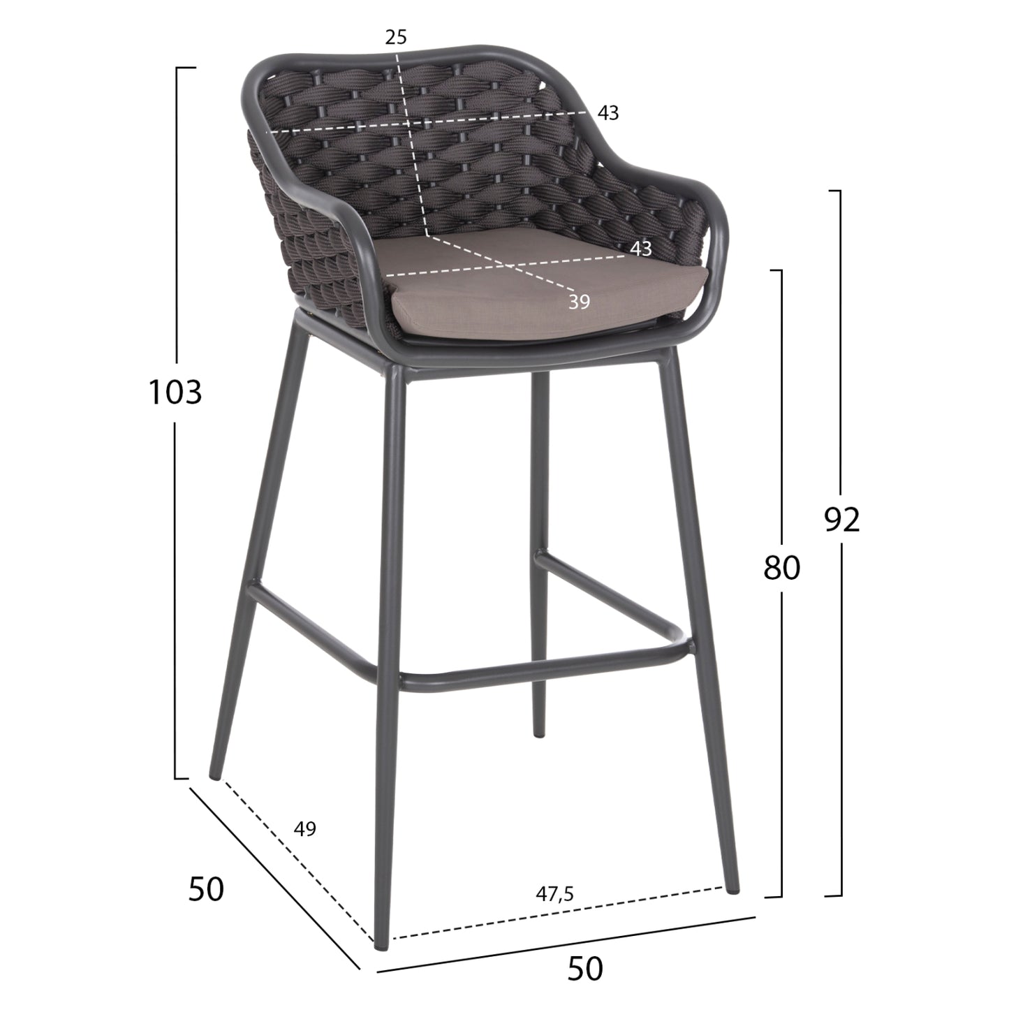 Bar Stool Aluminum Frame Dark Grey-rope Brown 50x50x103hcm.hm5862.01