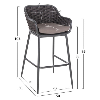 Bar Stool Aluminum Frame Dark Grey-rope Brown 50x50x103hcm.hm5862.01