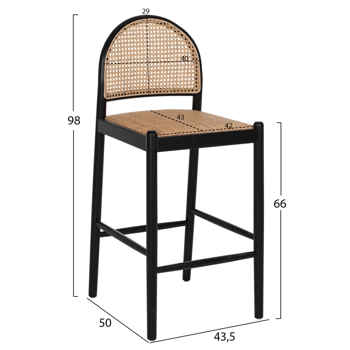 Bar Stool Beech Wood Black Rattan Beige 46Χ48Χ94hcm.hm9408.02