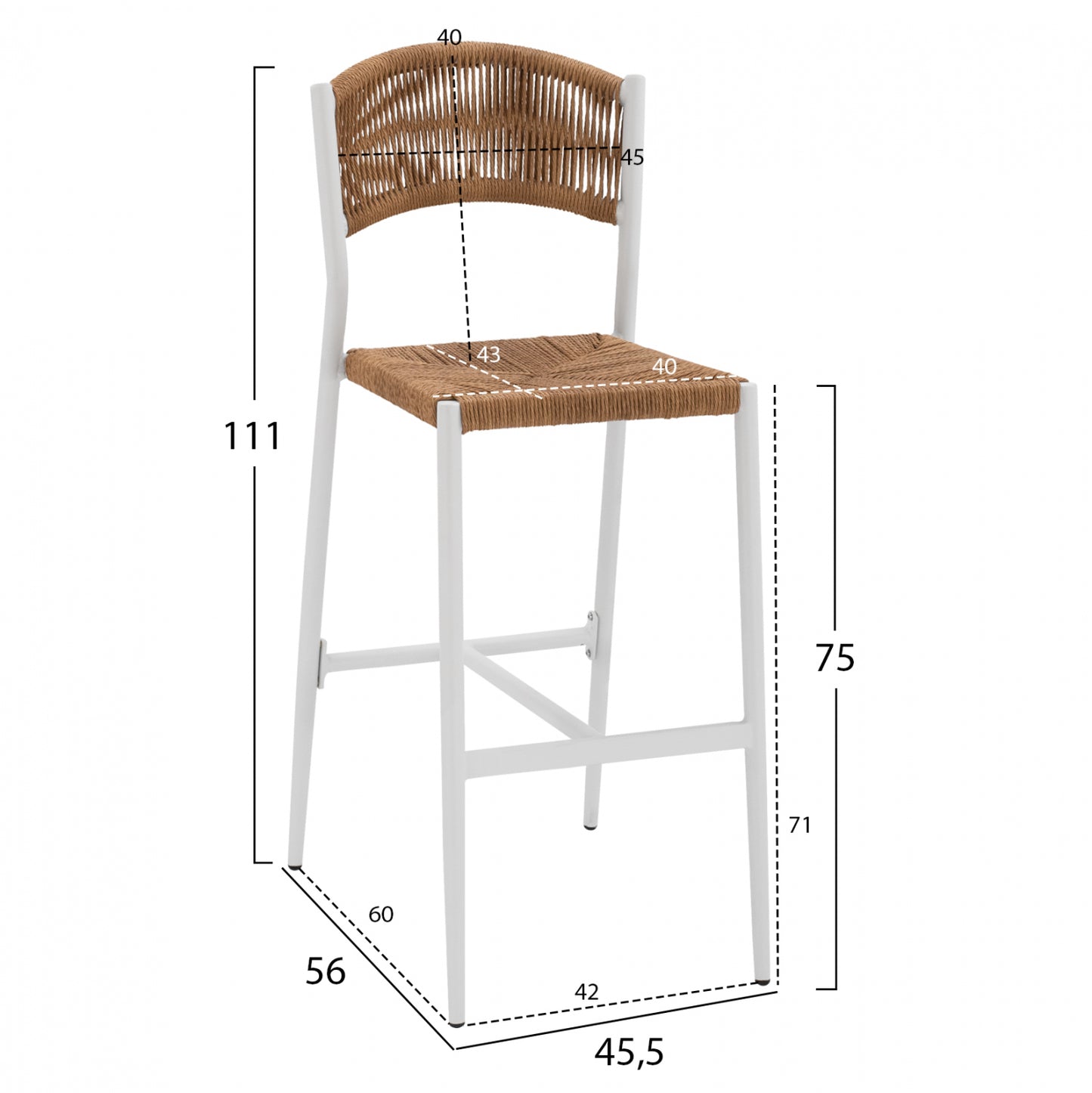 Aluminum Bar Stool White With Pe Rope Beige Hm5789.01 45,5x56x111 Cm.