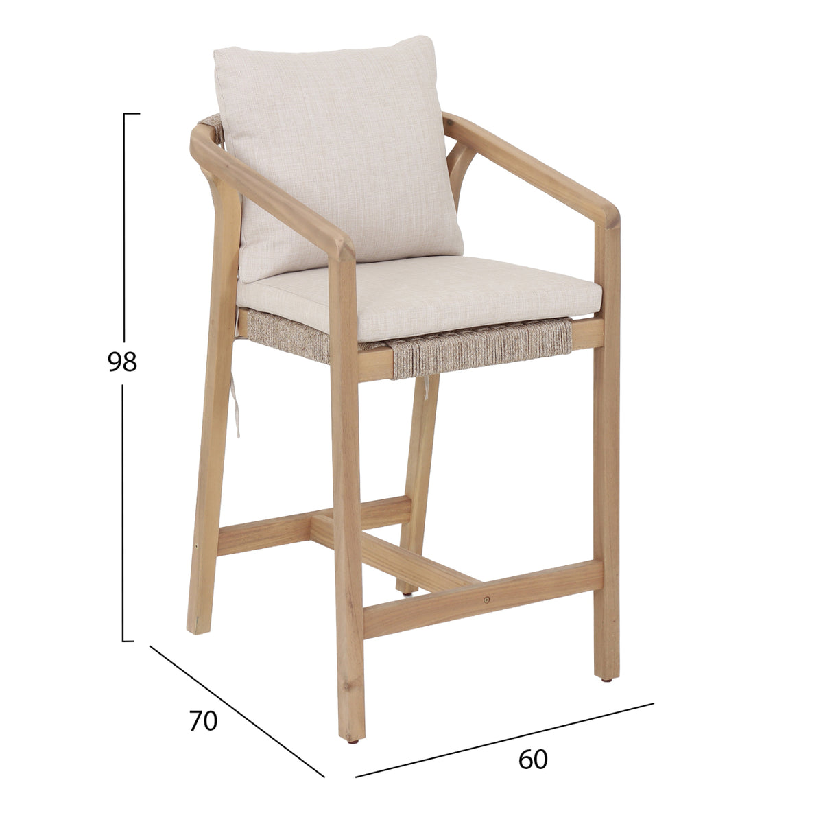 Bar Stool Flicker Hm6247.01 Acacia Wood In Natural--poly Rope & Cushions In Beige 58x68x98hcm.