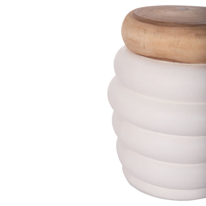 Stool Puffat Hm18172.02 Fiber Cement In White-teak Wood Top Φ45x46hcm.
