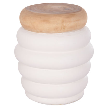 Stool Puffat Hm18172.02 Fiber Cement In White-teak Wood Top Φ45x46hcm.