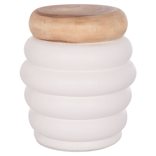 Stool Puffat Hm18172.02 Fiber Cement In White-teak Wood Top Φ45x46hcm.