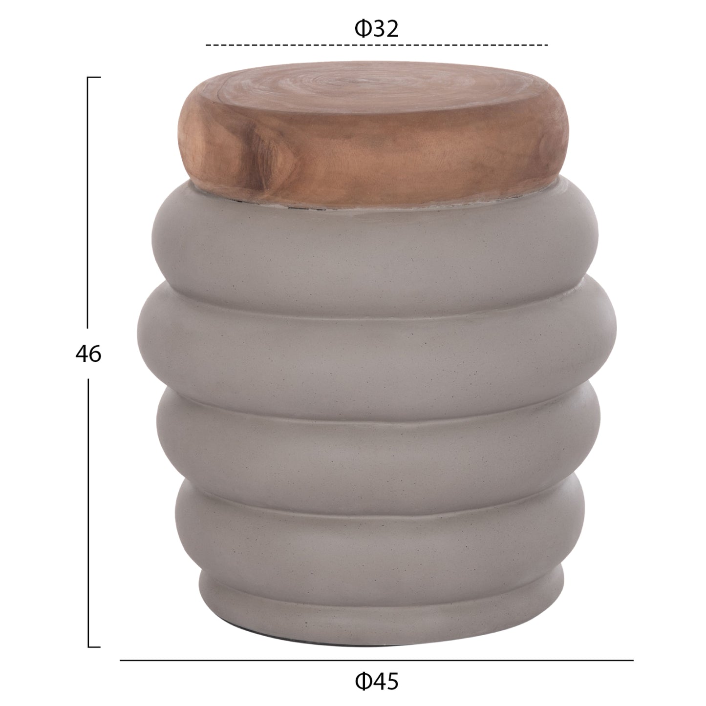 Stool Puffat Hm18172.03 Fiber Cement In Grey-teak Wood Top Φ45x46hcm.