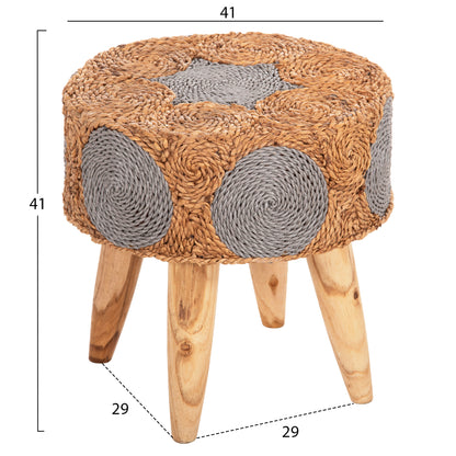 Stool Beam Hm7826 Teak Wood And Seagrass Rush In Natural & Grey Φ43x45hcm.