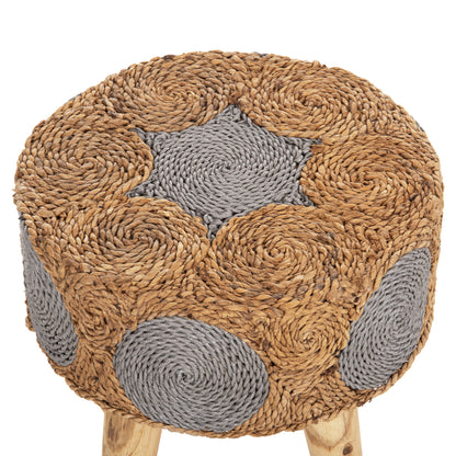 Stool Beam Hm7826 Teak Wood And Seagrass Rush In Natural & Grey Φ43x45hcm.
