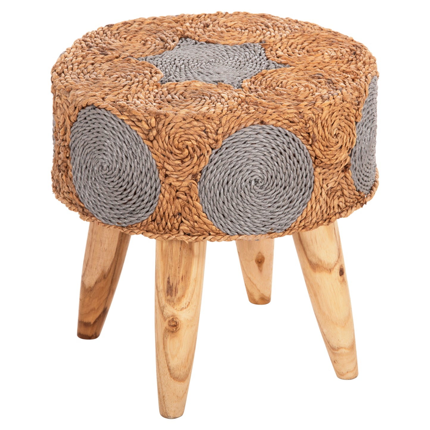 Stool Beam Hm7826 Teak Wood And Seagrass Rush In Natural & Grey Φ43x45hcm.