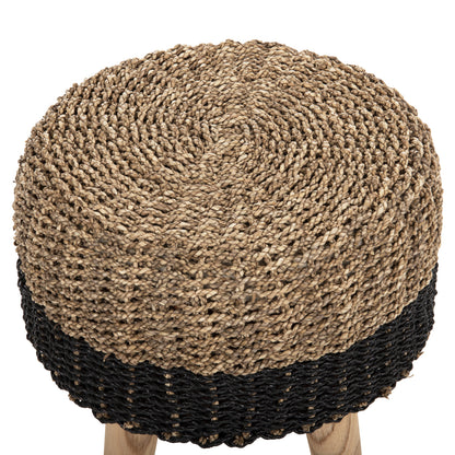 Stool Beam Hm7827 Teak Wood And Seagrass Rush In Natural & Black Φ43x45hcm.