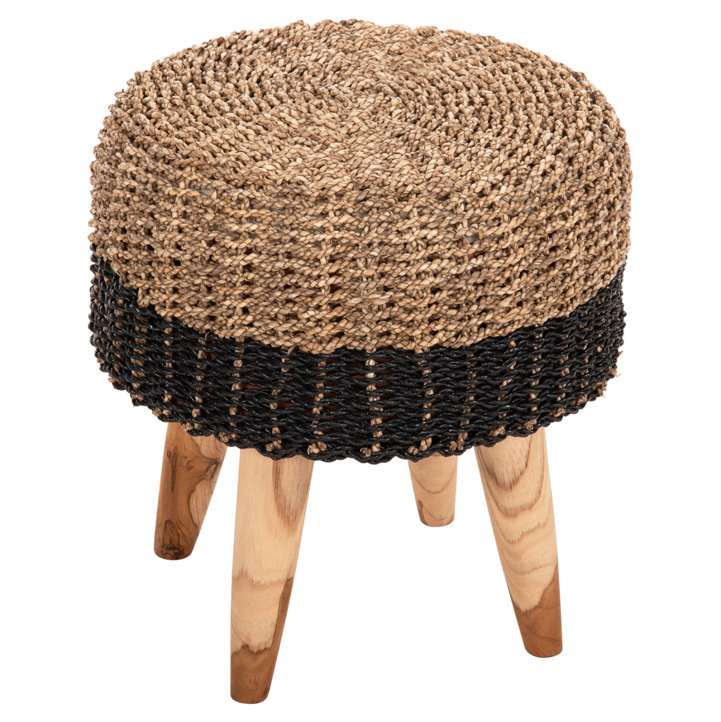 Stool Beam Hm7827 Teak Wood And Seagrass Rush In Natural & Black Φ43x45hcm.