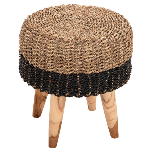 Stool Beam Hm7827 Teak Wood And Seagrass Rush In Natural & Black Φ43x45hcm.