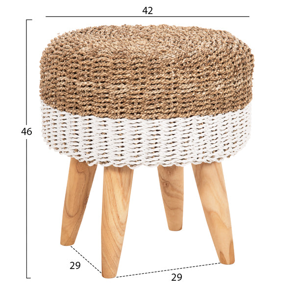 Stool Beam Hm7827.01 Teak Wood And Seagrass Rush In Natural & White Φ42x46hcm.