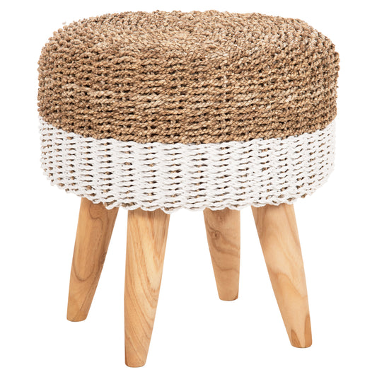Stool Beam Hm7827.01 Teak Wood And Seagrass Rush In Natural & White Φ42x46hcm.