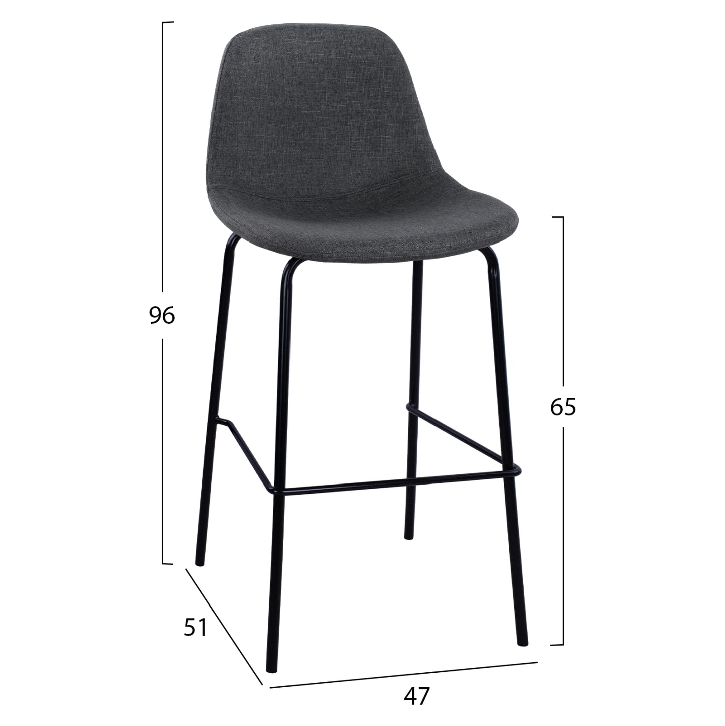 Hm9298.10 Bar Stool, Grey Fabric, Metal Legs, 47x51x96
