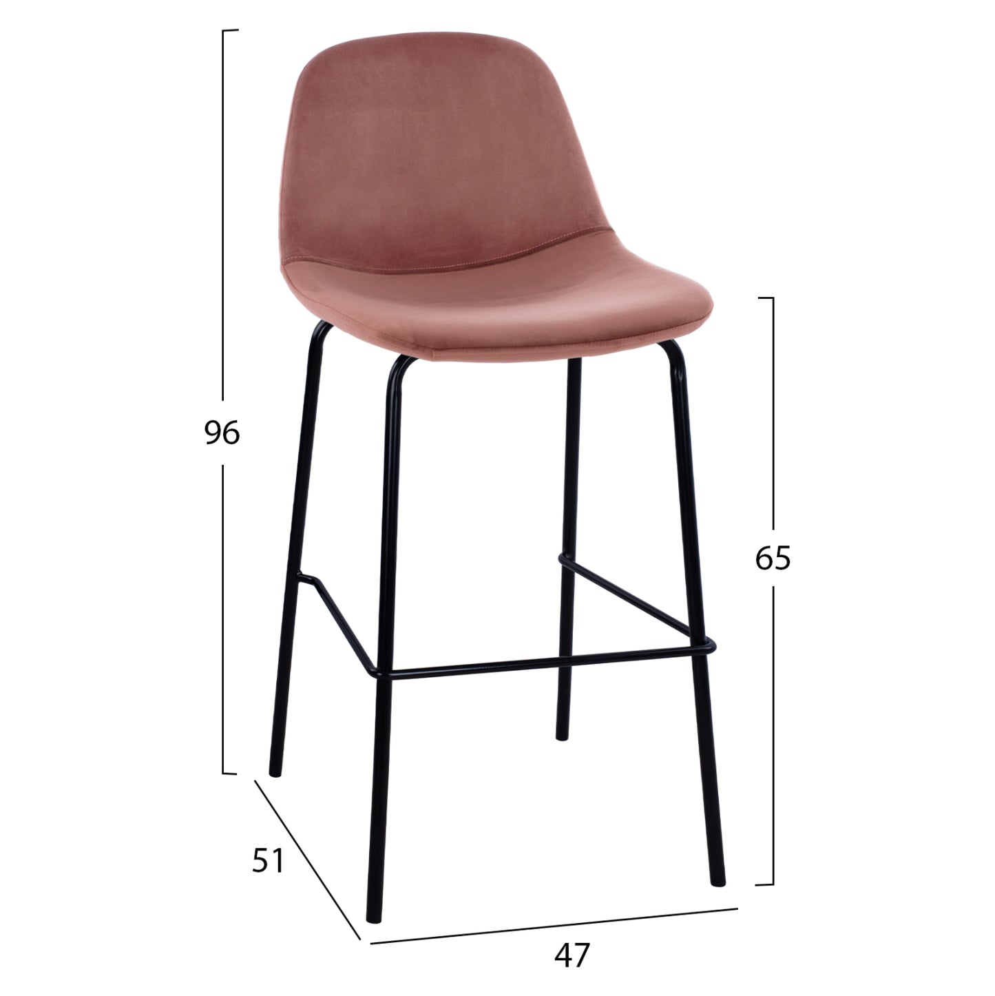 Hm9298.12 Bar Stool, Dusty Pink Velvet, Metal Legs, 47x51x96