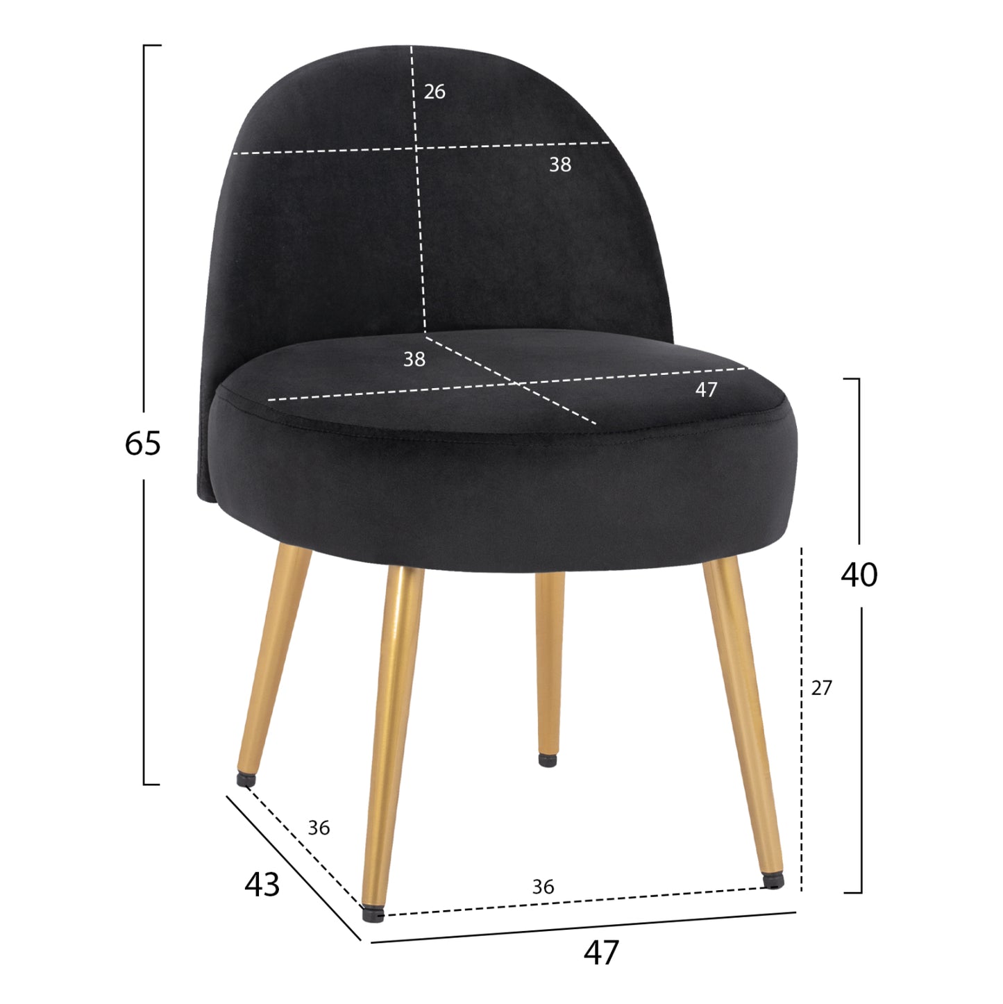 Stool With Back Yasmine From Black Velvet & Gold Legs Hm8395.14 47x43x65cm