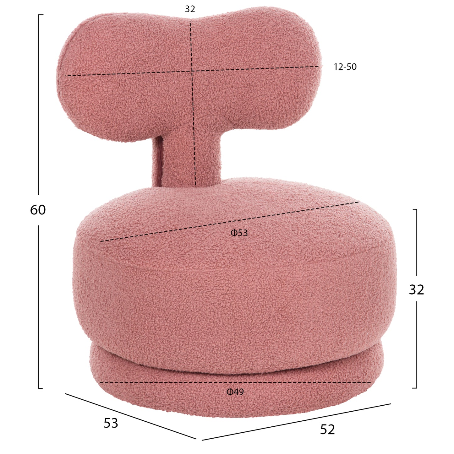 Stool With Backrest Swivel Krivio Hm9775.02 Dusty Pink Boucle Fabric 52x53x60hcm.