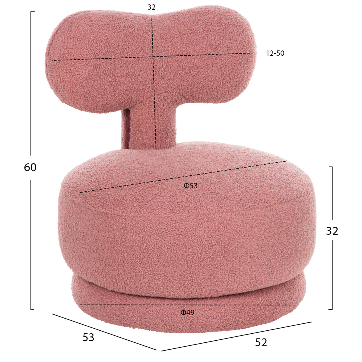 Stool With Backrest Swivel Krivio Hm9775.02 Dusty Pink Boucle Fabric 52x53x60hcm.