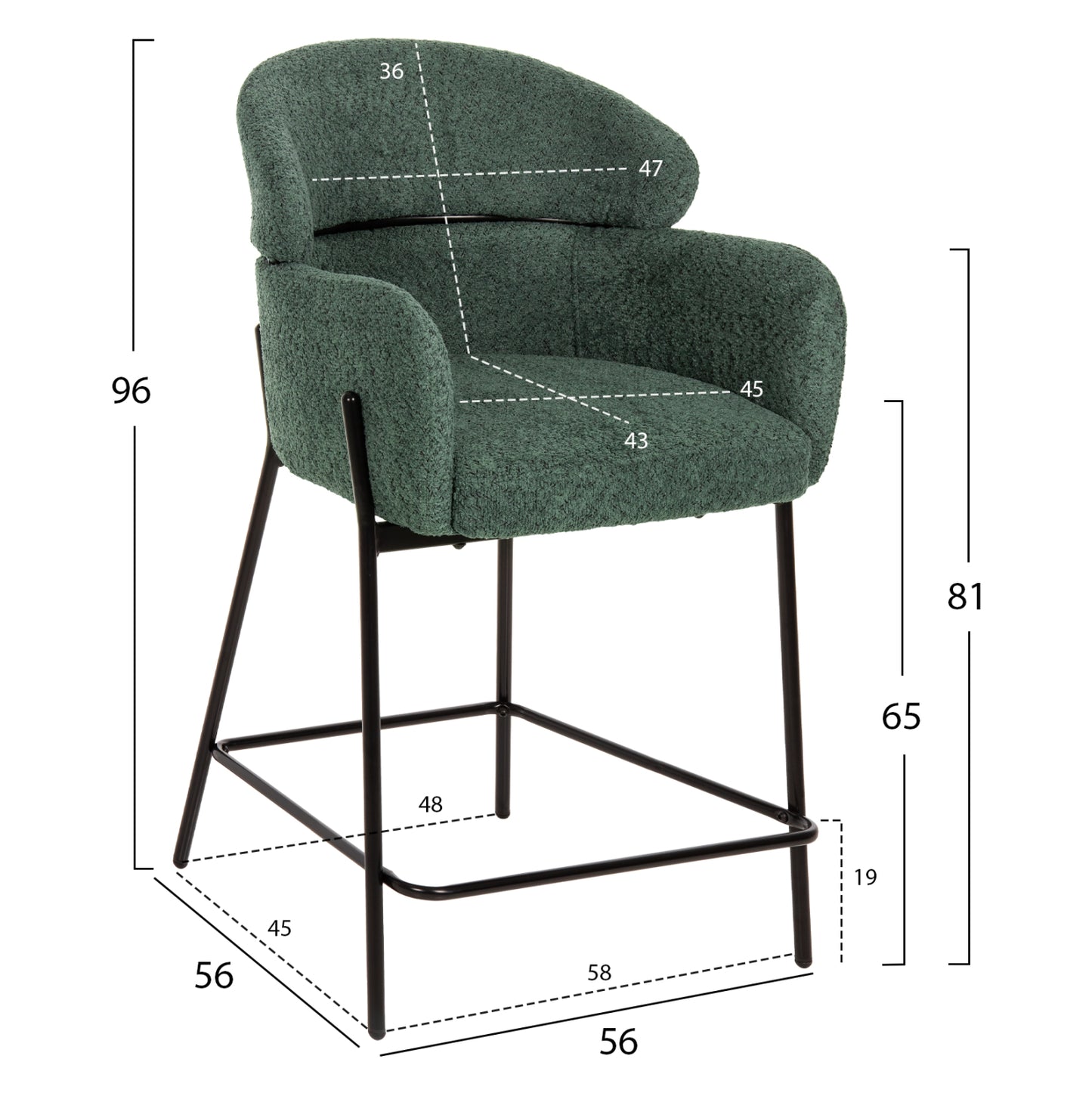 Bar Stool Medium Height Wolf Hm8584.03 Petrol Green Boucle Fabric-black Metal Legs 56x57x98hcm.