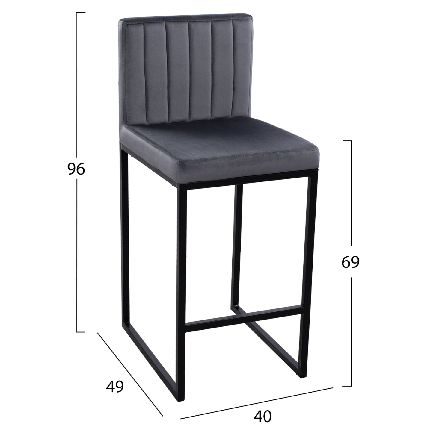 Bar Stool Piper Velvet Grey & Black Metallic Frame Hm8525.01 40x49x96 Cm