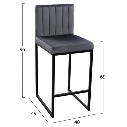 Bar Stool Piper Velvet Grey & Black Metallic Frame Hm8525.01 40x49x96 Cm