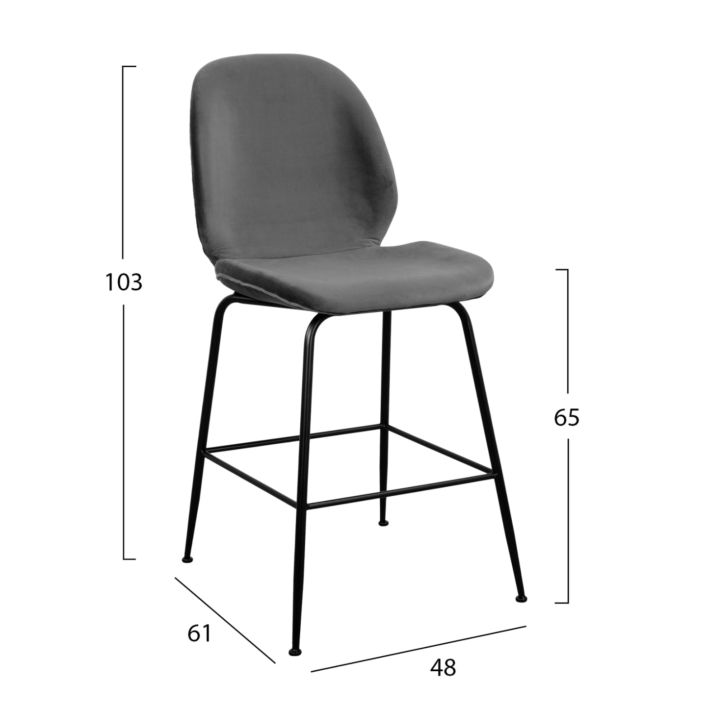 Bar Stool Nora Velvet Grey & Black Metallic Frame Hm8524.01 48x61x103 Cm