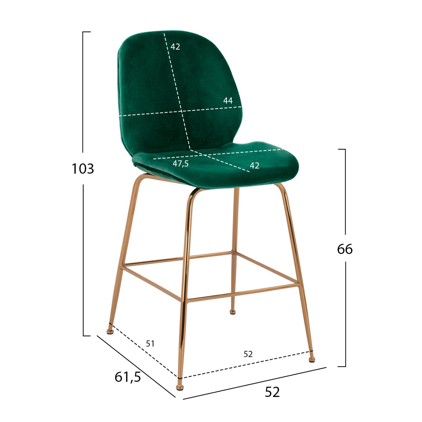 Bar Stool Middle Height Nora Hm8524.03 Velvet Cyppress Green & Gold  Metallic Frame 52x61,5x103 Cm.
