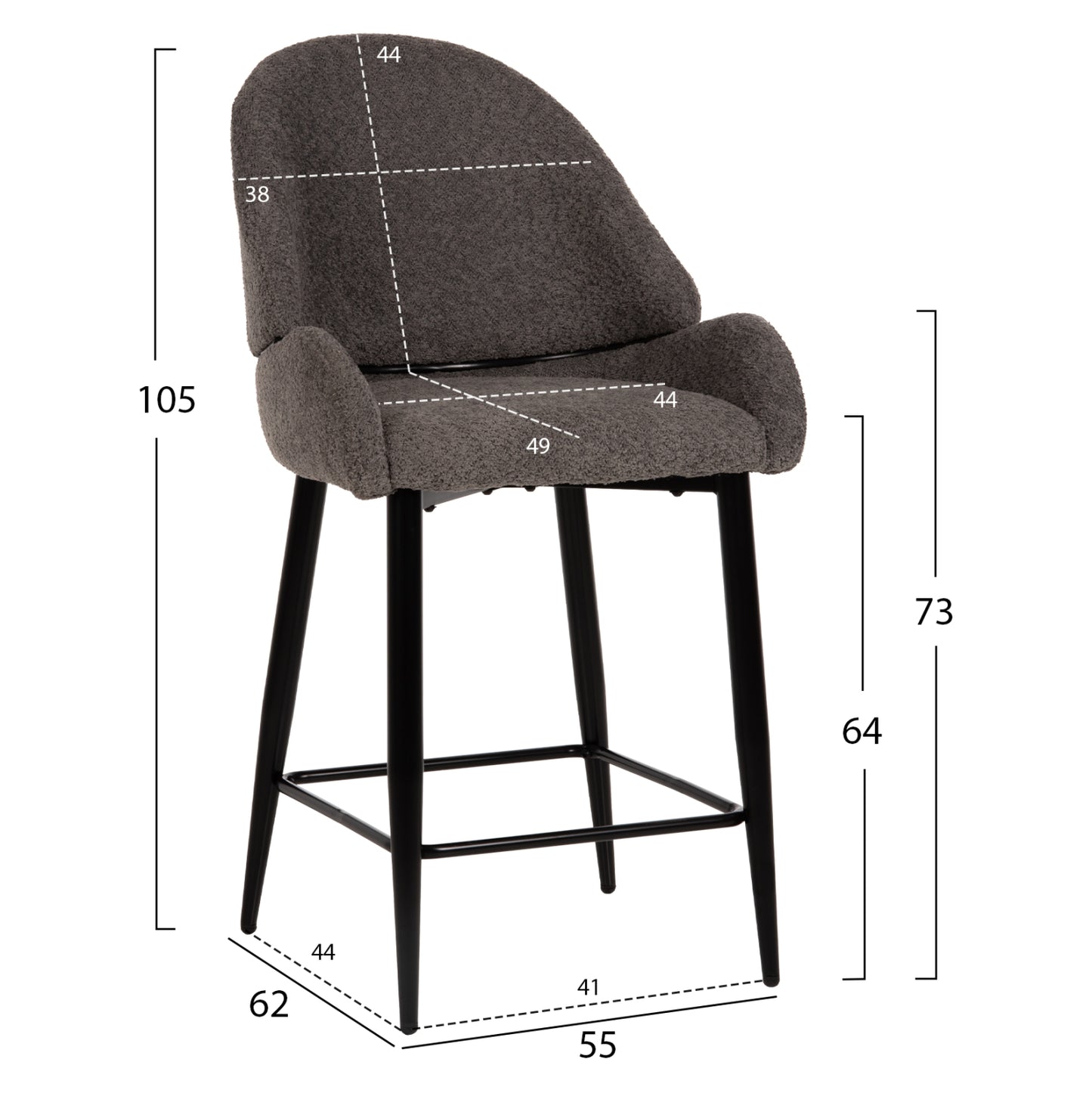 Bar Stool Medium Height Hm8586.01 Grey Boucle Fabric-black Metal Legs  55x62x105h Cm.