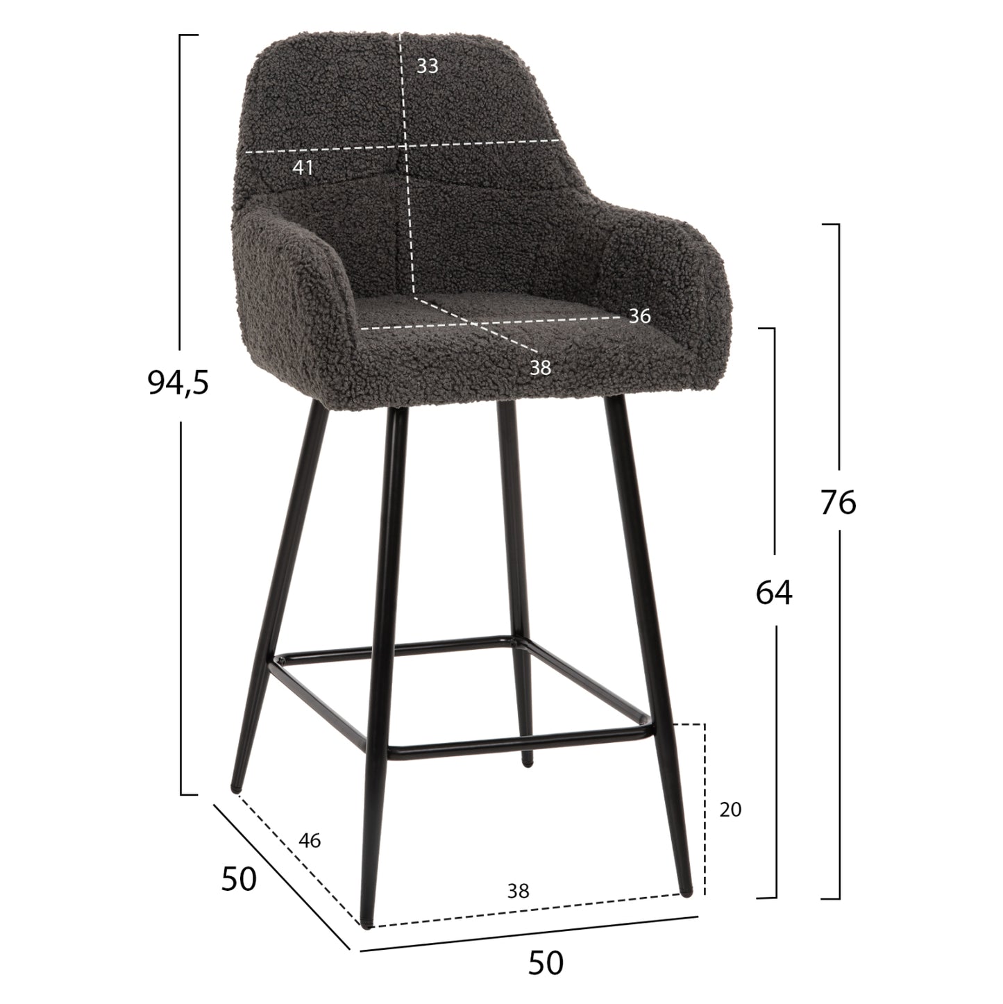 Bar Stool Medium Height Strike Hm8592.01 Grey Teddy Fabric-black Metal Legs 50x50x94,5hcm.