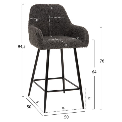 Bar Stool Medium Height Strike Hm8592.01 Grey Teddy Fabric-black Metal Legs 50x50x94,5hcm.