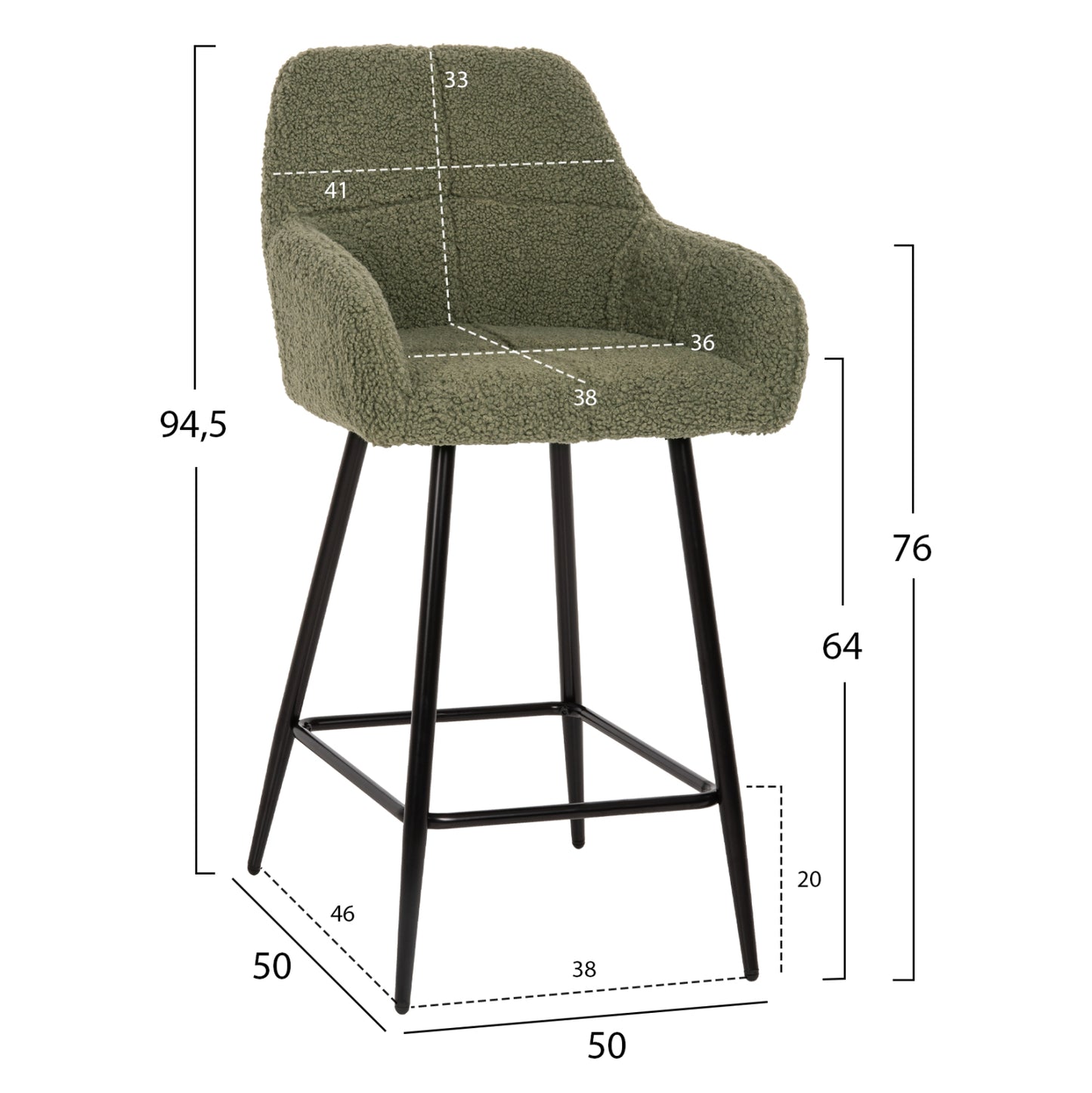 Bar Stool Medium Height Strike Hm8592.03 Pistachio Green Teddy Fabric-black Metal Legs 50x50x94,5hcm.