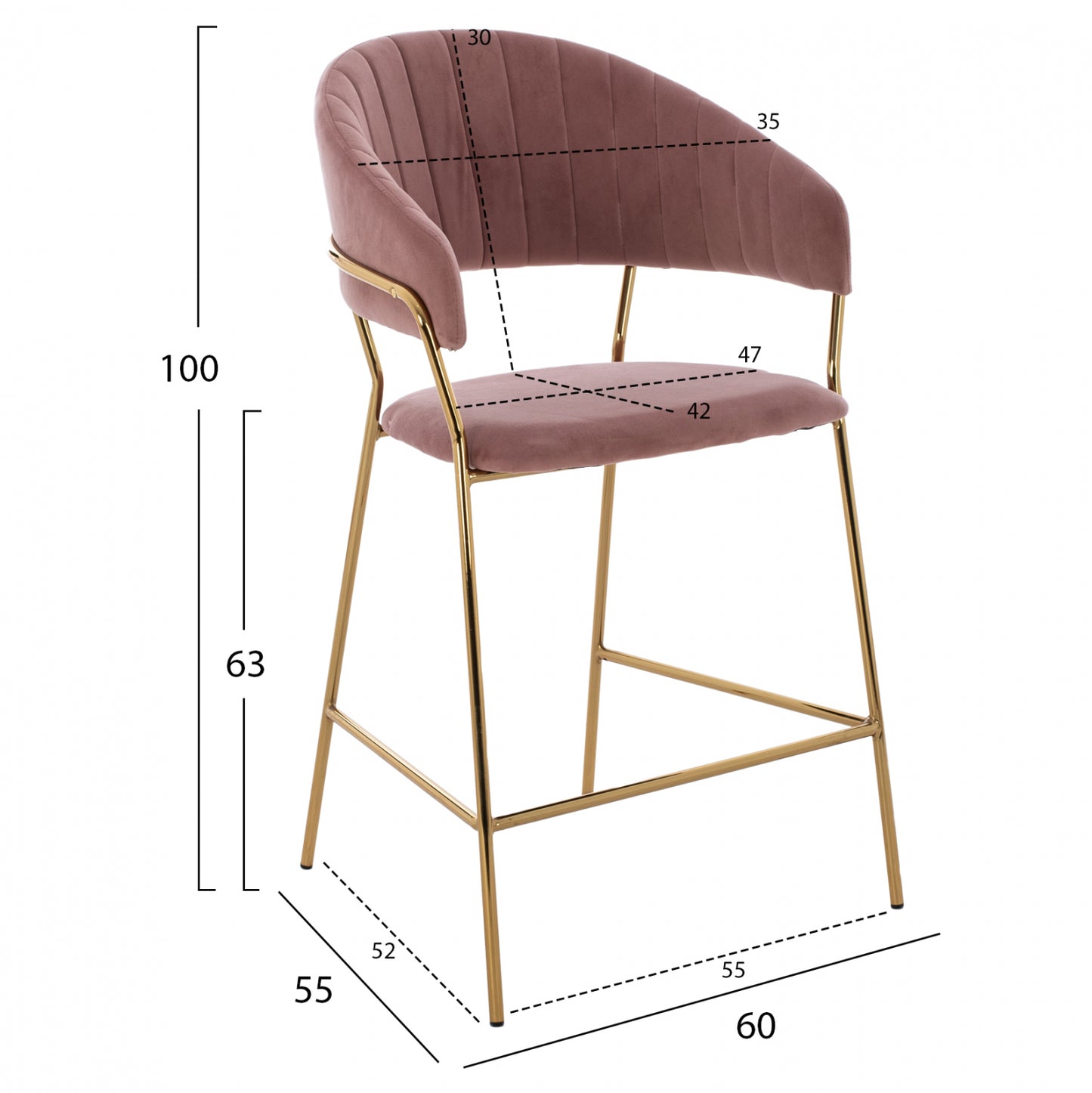 Medium Height Stool Hm8734.02 Velvet Dusty Pink Golden Frame 60x55x100y Cm.