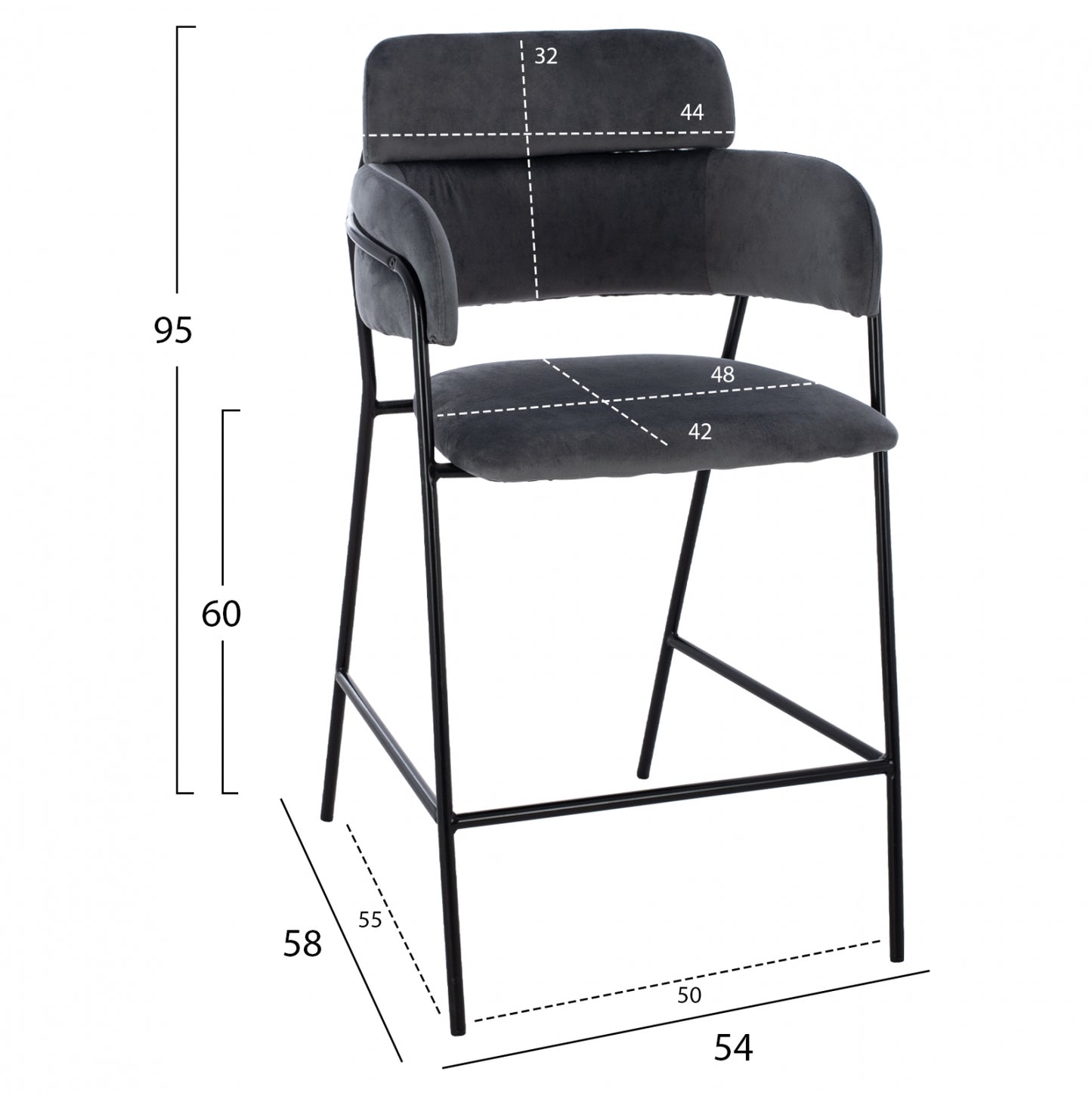 Medium Height Stool Hm8735.01 Gray Velvet With Metal Frame 54x58x95y Cm.