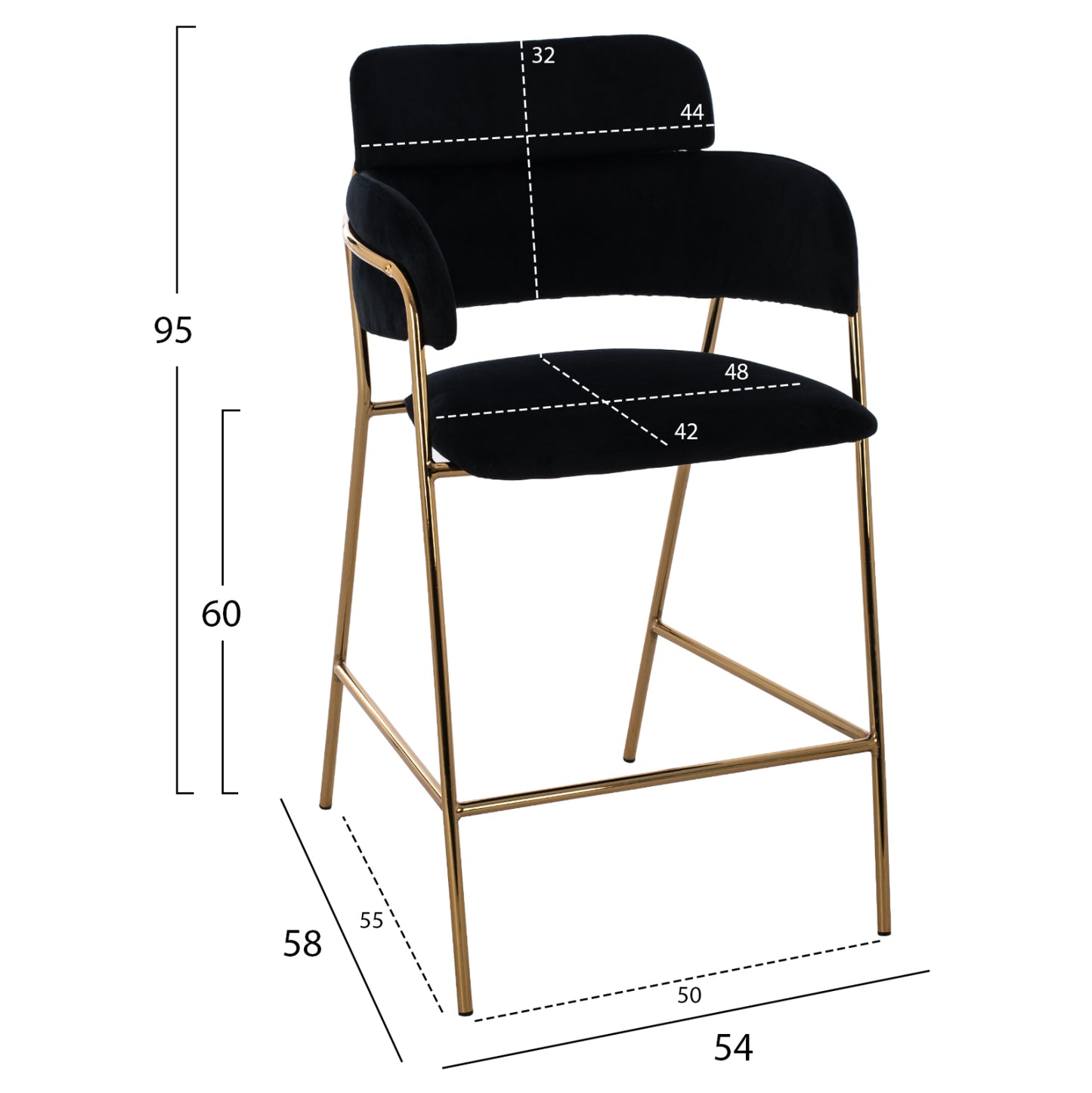 Medium Height Stool Hm8735.04 Velvet Black Gold Plated Frame 54x58x95y Cm.