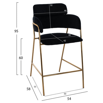 Medium Height Stool Hm8735.04 Velvet Black Gold Plated Frame 54x58x95y Cm.