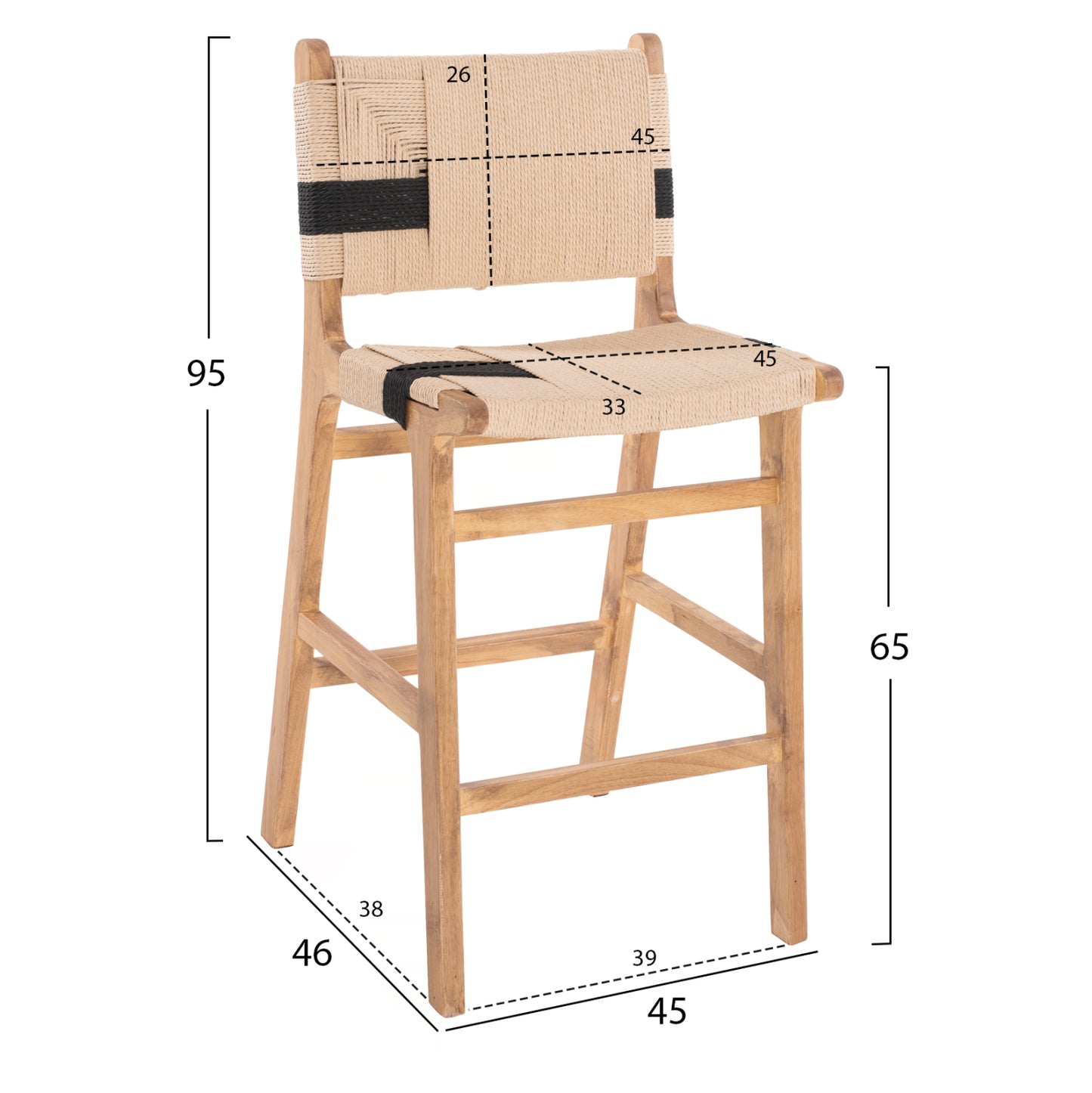 Barstool Medium-height Hm9325.01 Rubberwood & Rope- Natural Rustic Color 45x46x95hcm.