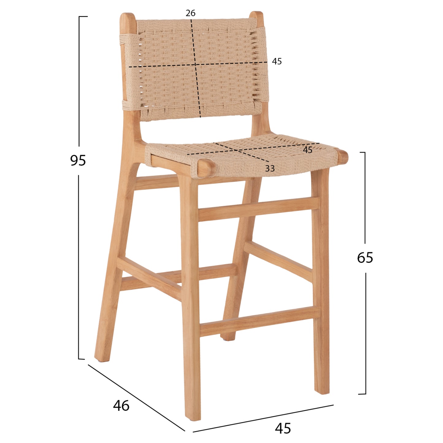 Barstool Medium-height Hm9332.01 Rubberwood & Rope- Natural Color 45x46x95hcm.